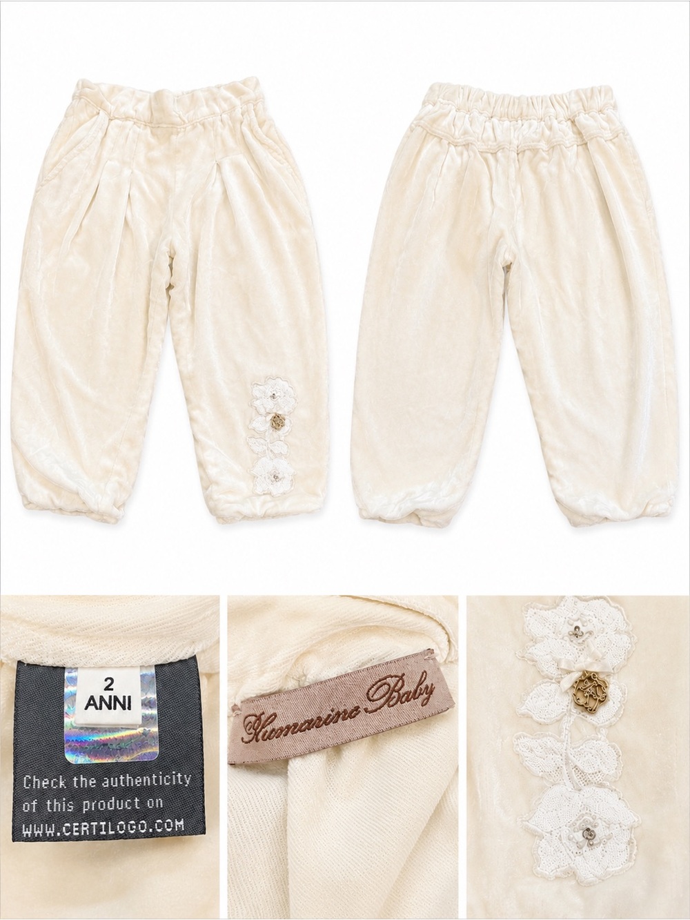 Monnalisa Baby Girls Cream Velour Pants w/ Floral Appliqué – Size 2 Years